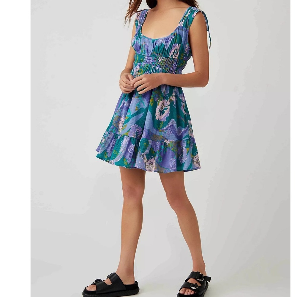 Free People Vernon Cotton Mini Dress Sz Large Blue Multicolor Smocked Ruffle Hem